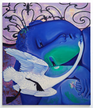 Blue-toned self-portrait painting by Sergiu Ciochina depicting the artist in an intimate embrace with a white swan, oil on canvas